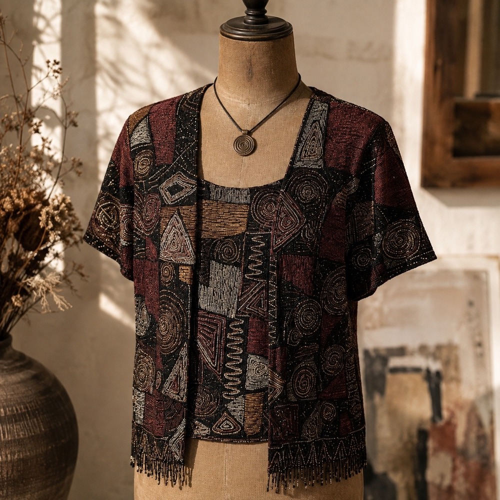 Vintage 90s Beaded Abstract Geometric Cardigan Tank Set Burgundy Black Large